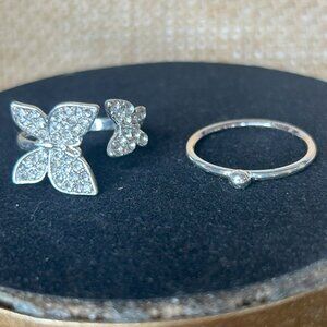 Set of 2 Silver Rings-Size 9.5-Silver Ball Accent & Rhinestone Butterfly